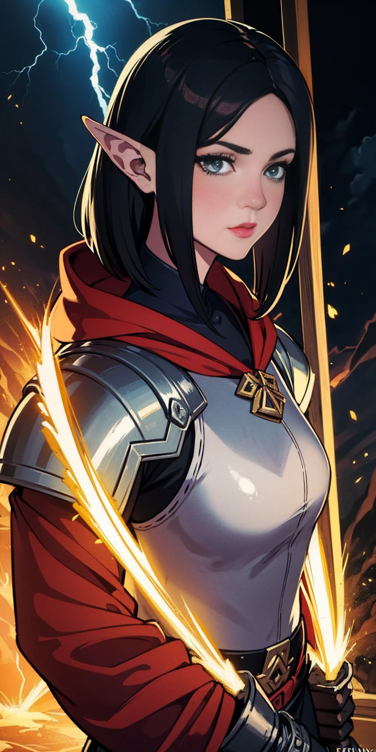 high details, best quality, 8k, [ultra detailed], masterpiece, best quality, (extremely detailed), dynamic angle, ultra wide shot, photorealistic, fantasy art, dnd art, rpg art, realistic art, an ultra wide picture of female elf cleric, holding a hammer, hammer in ligor with lightning sigils (1.5 intese details, Masterpiece, best quality), red cloak (1.5 intricate details, Masterpiece, best quality), holy htning, casting a spell, yellow magical lightning (1.5 intricate details, Masterpiece, best quality), wearing black armor, plate mail armor, elven armsymbol, blue light from symbol, black hair (1.5 intese details, Masterpiece, best quality), short hair, small pointed eard, intense eyes, green eyes, D&D female elf (1.5 intricate details, Masterpiece, best quality) fantasy temple background, lightning storm background, ((divine worship atmosphere)), high details, best quality, highres, ultra wide angle