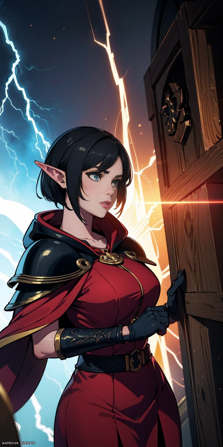high details, best quality, 8k, [ultra detailed], masterpiece, best quality, (extremely detailed), dynamic angle, ultra wide shot, photorealistic, fantasy art, dnd art, rpg art, realistic art, an ultra wide picture of female elf cleric, holding a hammer, hammer in ligor with lightning sigils (1.5 intese details, Masterpiece, best quality), red cloak (1.5 intricate details, Masterpiece, best quality), holy htning, casting a spell, yellow magical lightning (1.5 intricate details, Masterpiece, best quality), wearing black armor, plate mail armor, elven armsymbol, blue light from symbol, black hair (1.5 intese details, Masterpiece, best quality), short hair, small pointed eard, intense eyes, green eyes, D&D female elf (1.5 intricate details, Masterpiece, best quality) fantasy temple background, lightning storm background, ((divine worship atmosphere)), high details, best quality, highres, ultra wide angle