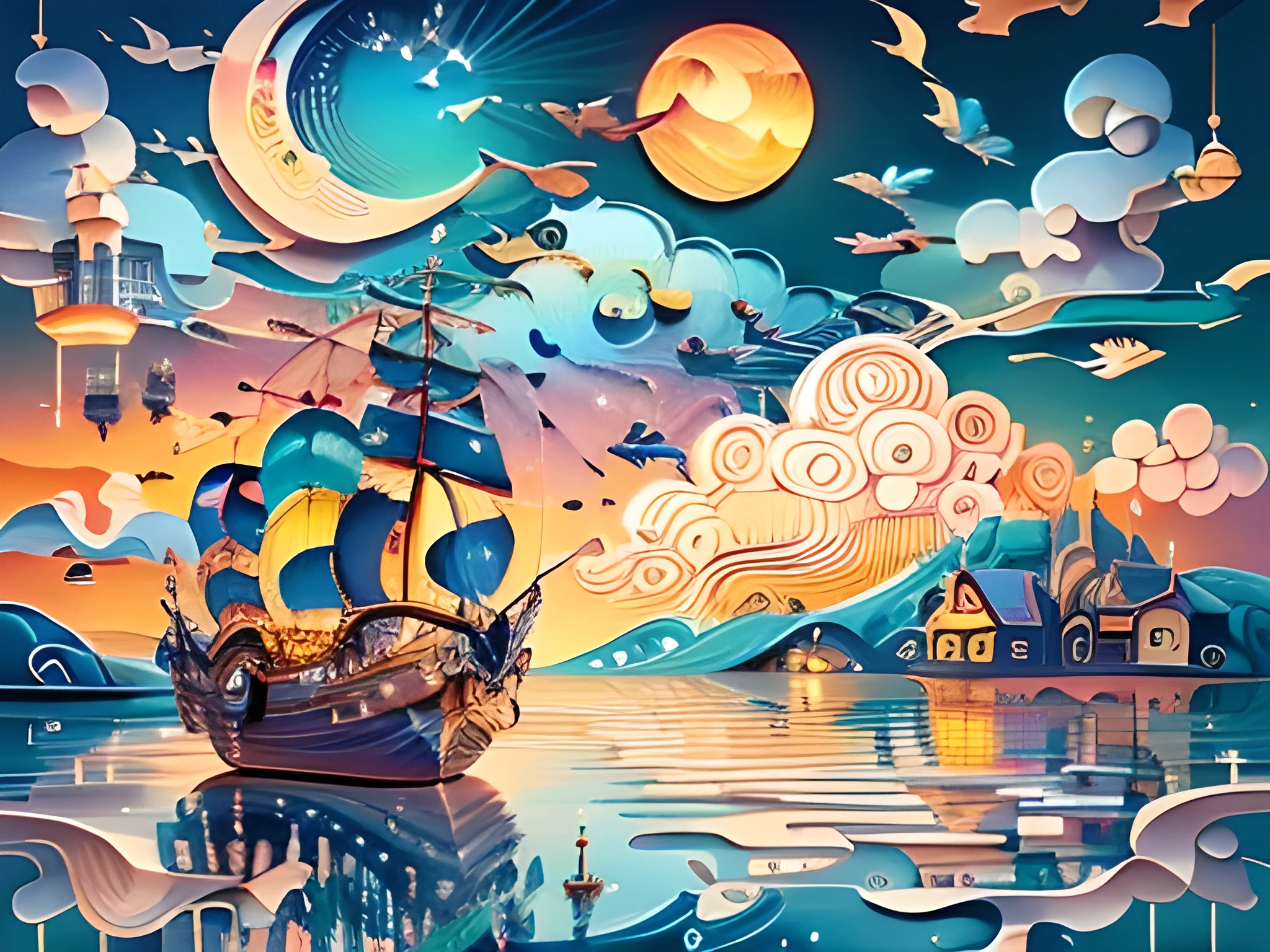 (((masterpiece))),best quality, illustration,  sky, cloud, water, star \(symbol\), tree, no humans, night, bird, moon, building, star \(sky\), night sky, scenery, starry sky, watercraft, castle, ship, waves, tower, boat. vibrant color scheme, Soft light,(warm color:1.2),Water color painting, light background, best quality exquisite details,3d rendering,Octane render, pastel, paper_cut