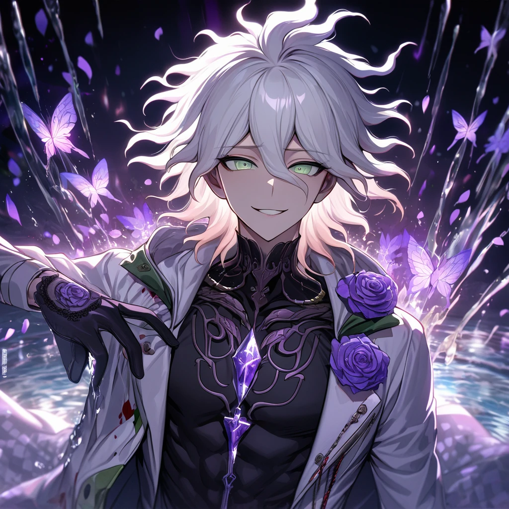 Ultra detailed, HDR, Highres, absurdres, master piece, Komaeda Nagito, white hair, expressive light green eyes, white long coat with patterns, Danganronpa, black tight shirt, purple glittering butterflies, purple ice, petals, purple ice roses, sexy man, solo, extremely detailed face and eyes, extremely handsome, glittering, water, smirking, toned chest, black gloves