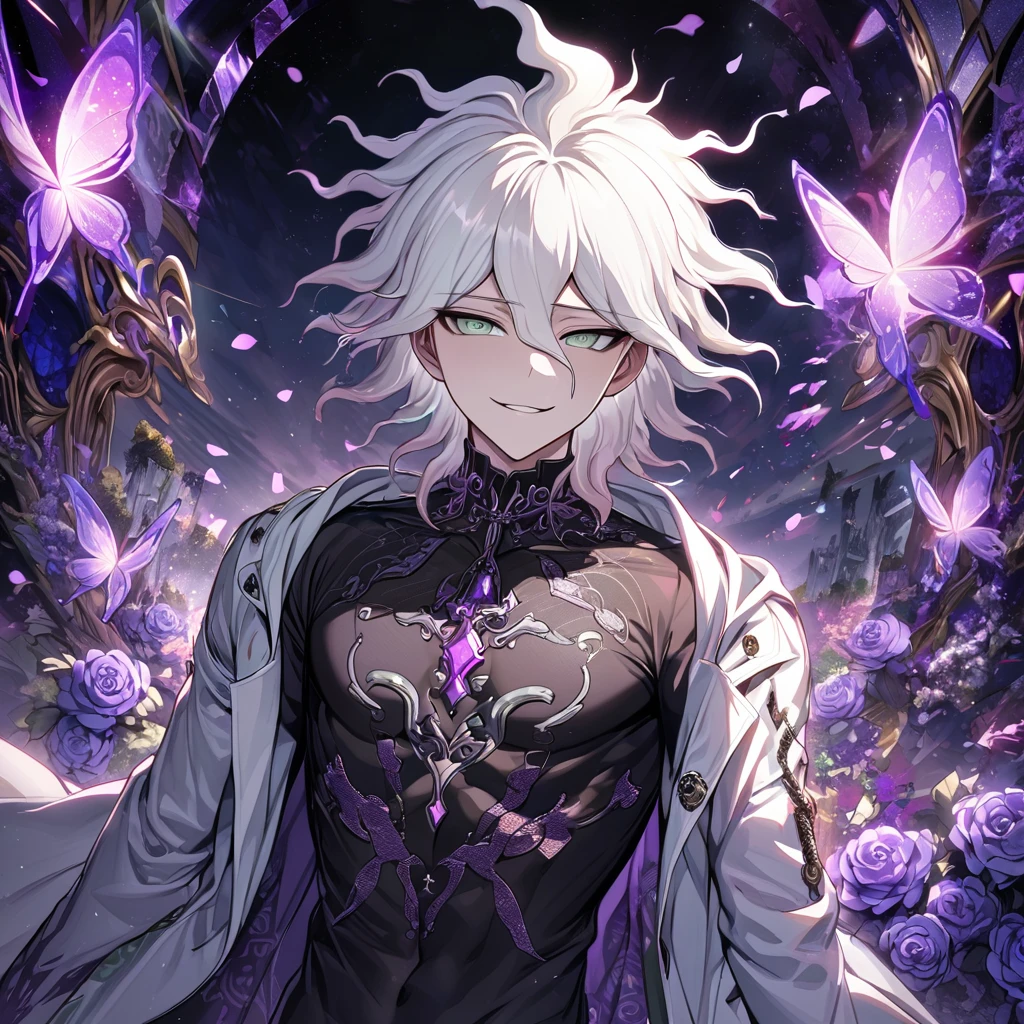 Ultra detailed, HDR, Highres, absurdres, master piece, Komaeda Nagito, white hair, expressive light green eyes, white long coat with patterns, Danganronpa, black tight shirt, purple glittering butterflies, purple ice, petals, purple ice roses, sexy man, solo, extremely detailed face and eyes, extremely handsome, glittering, water, smirking, toned chest, black gloves