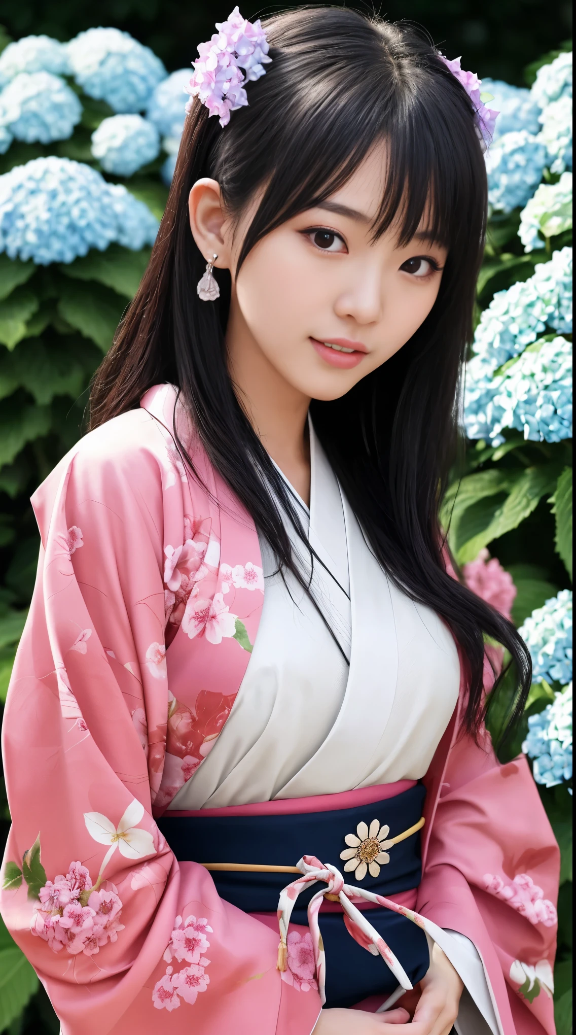 最high quality、high quality、Best image quality、8k、最High resolution、High resolution、最high quality、masterpiece、RAW Photos、whole body写真、Detailed and realistic human body、Detailed and realistic skin、Realistic face in every detail、Detailed and realistic eyes、Detailed and realistic lips、Detailed and realistic teeth、Detailed and realistic ears、Detailed and realistic hair、Detailed and realistic weapons、Realistic reproduction of every detail、Realistic fingers in every detail、(Beautiful Hands、thumb1reference4)、Realistic feet down to the last detail、((Beautiful Japanese Girl))、(Japanese Model)、((18 year old beautiful girl))、(Black Hair)、(Straight hair)、((whole body))、(Slim and perfect figure)、(whole body光沢肌、Fair skin)、Detailed and realistic human body、Detailed and realistic skin、Realistic face in every detail、Detailed and realistic weapons、Realistic fingers in every detail、Detailed realistic feet、Soft natural light、(Maiko-san、geisha、kimono、Long-sleeved kimono、yukata、Japanese tradition、Samurai Residence、Japanese garden、A 360-degree flower field filled with blooming hydrangeas、((Colorful floral pattern(丈が短いkimono))、((ミニkimono(Beautiful thighs are exposed))、((Standing in the middle of a hydrangea field(A girl surrounded by hydrangea flowers 360 degrees))、Angle from below