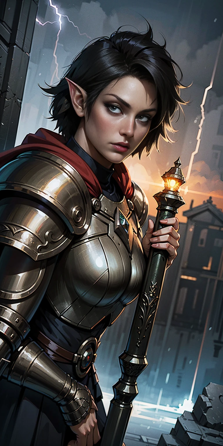 high details, best quality, 8k, [ultra detailed], masterpiece, best quality, (extremely detailed), dynamic angle, ultra wide shot, photorealistic, fantasy art, dnd art, rpg art, realistic art, an ultra wide picture of female elf cleric, holding a hammer, hammer in ligor with lightning sigils (1.5 intese details, Masterpiece, best quality), red cloak (1.5 intricate details, Masterpiece, best quality), holy htning, casting a spell, yellow magical lightning (1.5 intricate details, Masterpiece, best quality), wearing black armor, plate mail armor, elven armsymbol, blue light from symbol, black hair (1.5 intese details, Masterpiece, best quality), short hair, small pointed eard, intense eyes, green eyes, D&D female elf (1.5 intricate details, Masterpiece, best quality) fantasy temple background, lightning storm background, ((divine worship atmosphere)), high details, best quality, highres, ultra wide angle