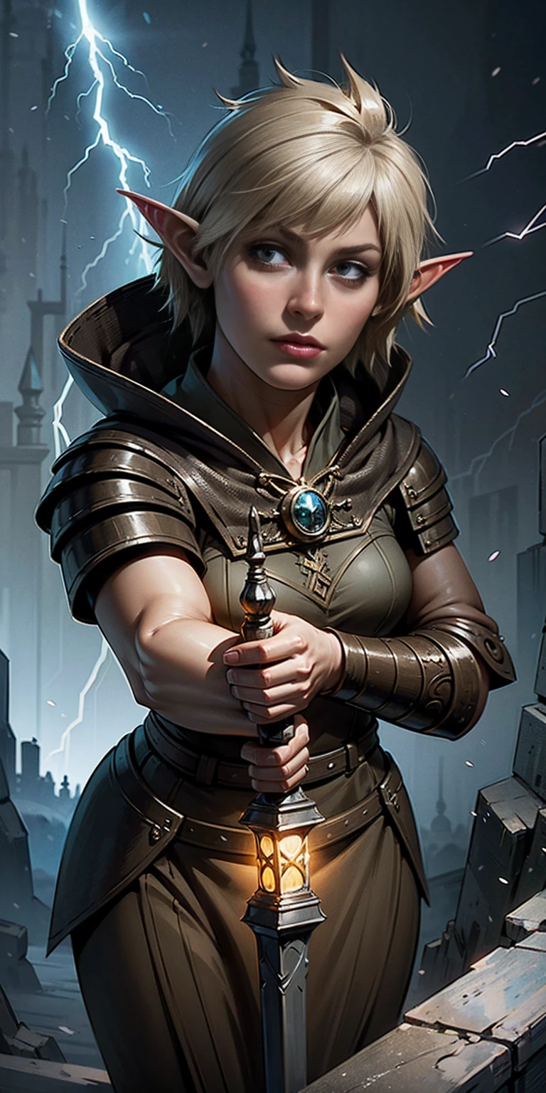 high details, best quality, 8k, [ultra detailed], masterpiece, best quality, (extremely detailed), dynamic angle, ultra wide shot, photorealistic, fantasy art, dnd art, rpg art, realistic art, an ultra wide picture of female elf cleric, holding a hammer, hammer in ligor with lightning sigils (1.5 intese details, Masterpiece, best quality), red cloak (1.5 intricate details, Masterpiece, best quality), holy htning, casting a spell, yellow magical lightning (1.5 intricate details, Masterpiece, best quality), wearing black armor, plate mail armor, elven armsymbol, blue light from symbol, black hair (1.5 intese details, Masterpiece, best quality), short hair, small pointed eard, intense eyes, green eyes, D&D female elf (1.5 intricate details, Masterpiece, best quality) fantasy temple background, lightning storm background, ((divine worship atmosphere)), high details, best quality, highres, ultra wide angle