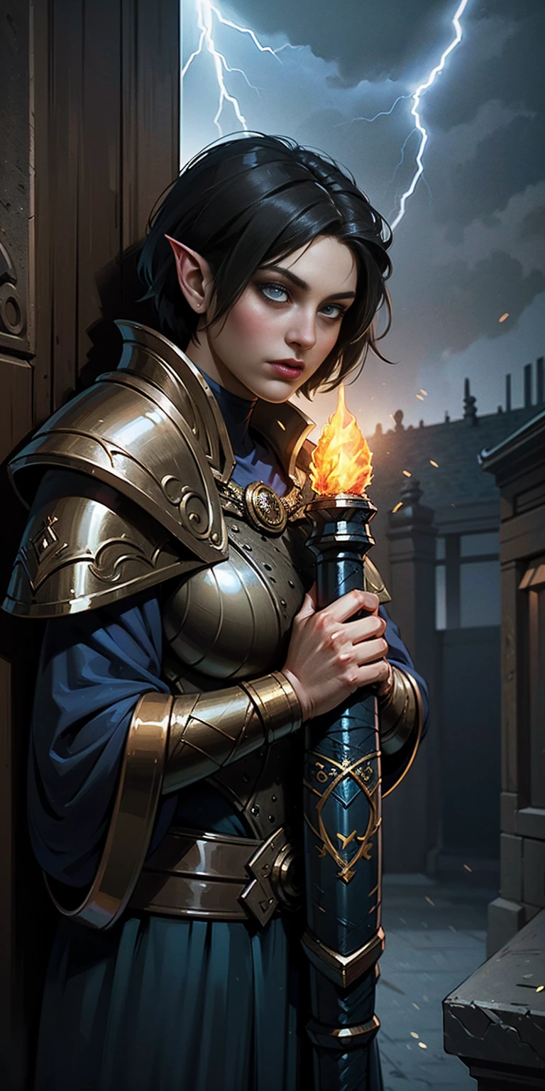 high details, best quality, 8k, [ultra detailed], masterpiece, best quality, (extremely detailed), dynamic angle, ultra wide shot, photorealistic, fantasy art, dnd art, rpg art, realistic art, an ultra wide picture of female elf cleric, holding a hammer, hammer in ligor with lightning sigils (1.5 intese details, Masterpiece, best quality), red cloak (1.5 intricate details, Masterpiece, best quality), holy htning, casting a spell, yellow magical lightning (1.5 intricate details, Masterpiece, best quality), wearing black armor, plate mail armor, elven armsymbol, blue light from symbol, black hair (1.5 intese details, Masterpiece, best quality), short hair, small pointed eard, intense eyes, green eyes, D&D female elf (1.5 intricate details, Masterpiece, best quality) fantasy temple background, lightning storm background, ((divine worship atmosphere)), high details, best quality, highres, ultra wide angle