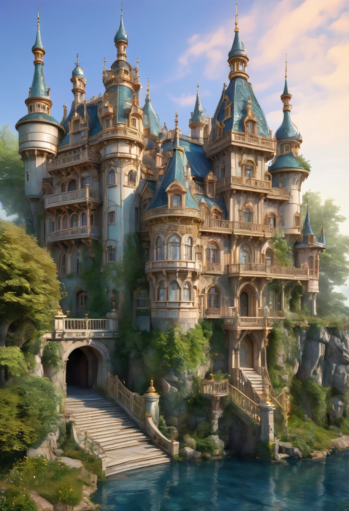 best quality, super fine, 16k, incredibly absurdres, extremely detailed, delicate and dynamic, castle, the magnificent and luxurious exterior of the castle, Grimm, Andersen, Aesop, fairy tale, mixture art, blend art, design art, artwork, fantasy, transparent, translucent, vivid and pastel colors, dream castle, Gothic, Romanesque, Baroque, Renaissance, Rococo, Art Nouveau, Northern Renaissance style