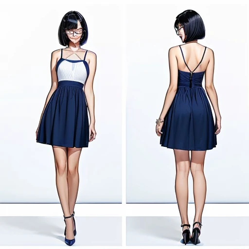 ((full body image)), (One image with front and back images side by side), (No background), (Standing),
(1woman),
(A Japanese woman, 30 years old and 155cm tall.),
(black hair), (straight hair), (short hair style), (bob cut), (hair behind ears),
(wear glasses), ((black cell frame glasses)),
((Wear a navy blue spaghetti strap dress)), (Mini length dress with simple design),
(Wear navy blue ankle strap pumps),
(Create a detailed image of the eye),
(Her impression is pure, clean and kind.),
((A captivating smile, just showing a few teeth.)),