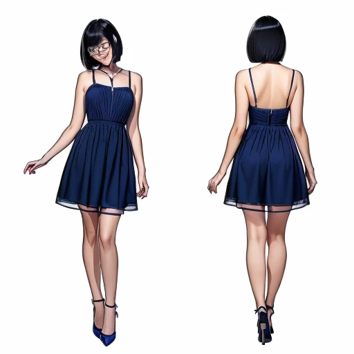 ((full body image)), (One image with front and back images side by side), (No background), (Standing),
(1woman),
(A Japanese woman, 30 years old and 155cm tall.),
(black hair), (straight hair), (short hair style), (bob cut), (hair behind ears),
(wear glasses), ((black cell frame glasses)),
((Wear a navy blue spaghetti strap dress)), (Mini length dress with simple design),
(Wear navy blue ankle strap pumps),
(Create a detailed image of the eye),
(Her impression is pure, clean and kind.),
((A captivating smile, just showing a few teeth.)),
