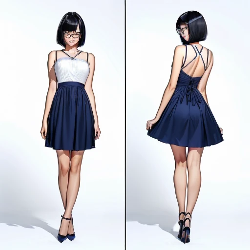 ((full body image)), (One image with front and back images side by side), (No background), (Standing), 
(1woman),  
(A Japanese woman, 30 years old and 155cm tall.), 
(black hair), (straight hair), (short hair style), (bob cut), (hair behind ears), 
(wear glasses), ((black cell frame glasses)), 
((Wear a navy blue spaghetti strap dress)), (Mini length dress with simple design), 
(Wear navy blue ankle strap pumps), 
(Create a detailed image of the eye), 
(Her impression is pure, clean and kind.), 
((A captivating smile, just showing a few teeth.)), 　 
