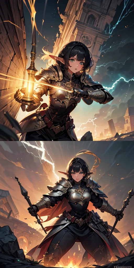 high details, best quality, 8k, [ultra detailed], masterpiece, best quality, (extremely detailed), dynamic angle, ultra wide shot, photorealistic, fantasy art, dnd art, rpg art, realistic art, an ultra wide picture of female elf cleric, holding a hammer, hammer in ligor with lightning sigils (1.5 intese details, Masterpiece, best quality), red cloak (1.5 intricate details, Masterpiece, best quality), holy htning, casting a spell, yellow magical lightning (1.5 intricate details, Masterpiece, best quality), wearing black armor, plate mail armor, elven armsymbol, blue light from symbol, black hair (1.5 intese details, Masterpiece, best quality), short hair, small pointed eard, intense eyes, green eyes, D&D female elf (1.5 intricate details, Masterpiece, best quality) fantasy temple background, lightning storm background, ((divine worship atmosphere)), high details, best quality, highres, ultra wide angle