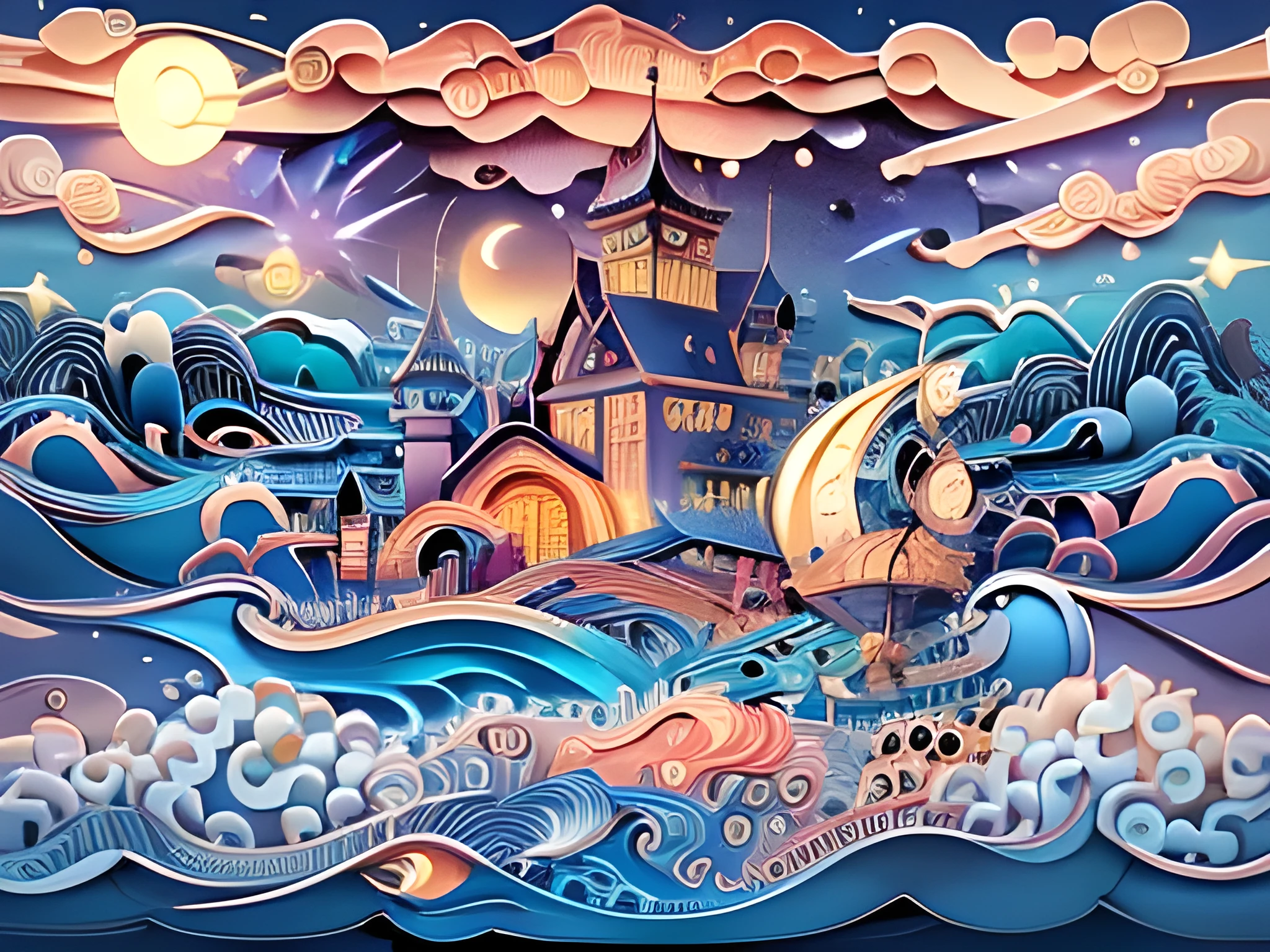 (((masterpiece))),best quality, illustration,  sky, cloud, water, star \(symbol\), tree, no humans, night, bird, moon, building, star \(sky\), night sky, scenery, starry sky, watercraft, castle, ship, waves, tower, boat. vibrant color scheme, Soft light,(warm color:1.2),Water color painting, light background, best quality exquisite details,3d rendering,Octane render, pastel, paper_cut