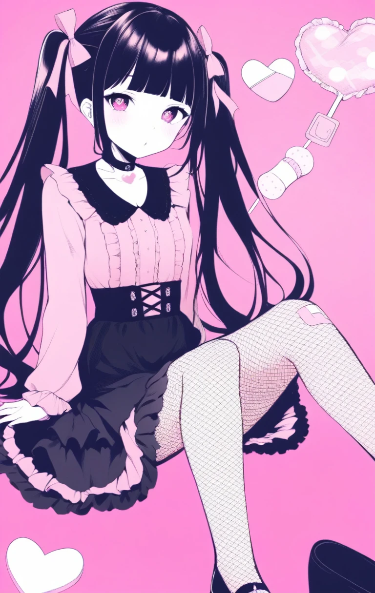 masterpiece, best quality, (jirai_kei),1girl, solo, long_hair, looking_at_viewer, shirt, black_hair, long_sleeves, bow, ribbon, twintails, sitting, monochrome, hair_bow, heart, pantyhose, frills, food, shoes, choker, blunt_bangs, black_skirt, pink_eyes, stuffed_toy, pink_background, stuffed_animal, frilled_skirt, pink_bow, (fishnets), candy, bandaid, pink_shirt, teddy_bear, lollipop, (fishnet_pantyhose), platform_footwear, pink_theme, pill, heart-shaped pupils,