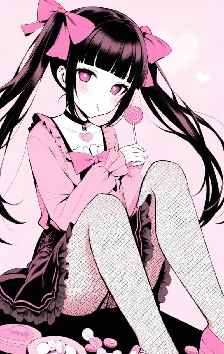 masterpiece, best quality, (jirai_kei),1girl, solo, long_hair, looking_at_viewer, shirt, black_hair, long_sleeves, bow, ribbon, twintails, sitting, monochrome, hair_bow, heart, pantyhose, frills, food, shoes, choker, blunt_bangs, black_skirt, pink_eyes, stuffed_toy, pink_background, stuffed_animal, frilled_skirt, pink_bow, (fishnets), candy, bandaid, pink_shirt, teddy_bear, lollipop, (fishnet_pantyhose), platform_footwear, pink_theme, pill, heart-shaped pupils,