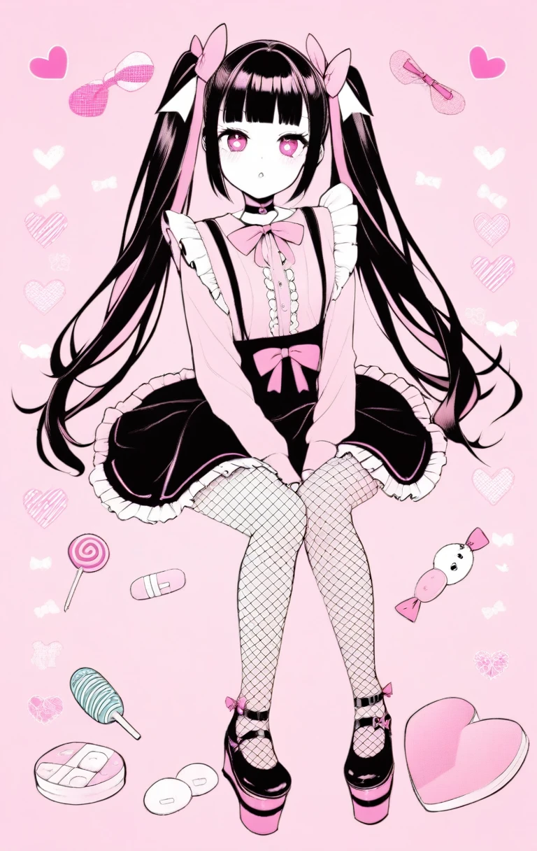 masterpiece, best quality, (jirai_kei),1girl, solo, long_hair, looking_at_viewer, shirt, black_hair, long_sleeves, bow, ribbon, twintails, sitting, monochrome, hair_bow, heart, pantyhose, frills, food, shoes, choker, blunt_bangs, black_skirt, pink_eyes, stuffed_toy, pink_background, stuffed_animal, frilled_skirt, pink_bow, (fishnets), candy, bandaid, pink_shirt, teddy_bear, lollipop, (fishnet_pantyhose), platform_footwear, pink_theme, pill, heart-shaped pupils,