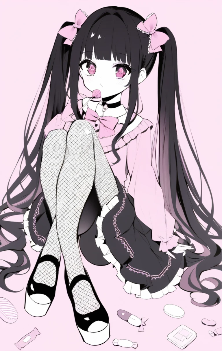 masterpiece, best quality, (jirai_kei),1girl, solo, long_hair, looking_at_viewer, shirt, black_hair, long_sleeves, bow, ribbon, twintails, sitting, monochrome, hair_bow, heart, pantyhose, frills, food, shoes, choker, blunt_bangs, black_skirt, pink_eyes, stuffed_toy, pink_background, stuffed_animal, frilled_skirt, pink_bow, (fishnets), candy, bandaid, pink_shirt, teddy_bear, lollipop, (fishnet_pantyhose), platform_footwear, pink_theme, pill, heart-shaped pupils,