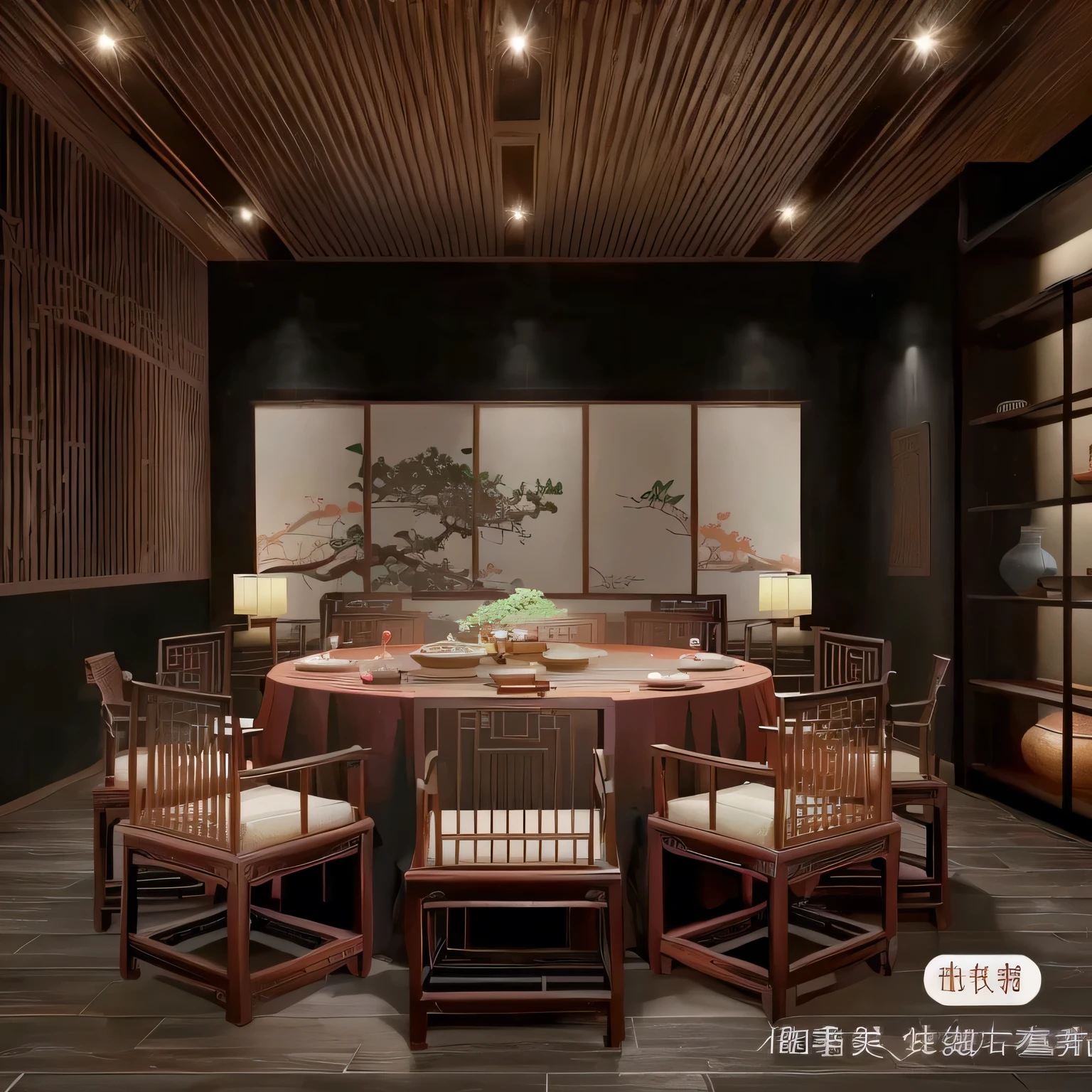 Chinese style room,Grille top,Antique brick,screen painting wall decoration,Chinese round table and chairs,Dados and wooden boards on both sides of the wall