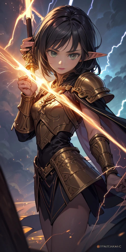 high details, best quality, 8k, [ultra detailed], masterpiece, best quality, (extremely detailed), dynamic angle, ultra wide shot, photorealistic, fantasy art, dnd art, rpg art, realistic art, an ultra wide picture of female elf cleric, holding a hammer, hammer in ligor with lightning sigils (1.5 intese details, Masterpiece, best quality), red cloak (1.5 intricate details, Masterpiece, best quality), holy htning, casting a spell, yellow magical lightning (1.5 intricate details, Masterpiece, best quality), wearing black armor, plate mail armor, elven armsymbol, blue light from symbol, black hair (1.5 intese details, Masterpiece, best quality), short hair, small pointed eard, intense eyes, green eyes, D&D female elf (1.5 intricate details, Masterpiece, best quality) fantasy temple background, lightning storm background, ((divine worship atmosphere)), high details, best quality, highres, ultra wide angle