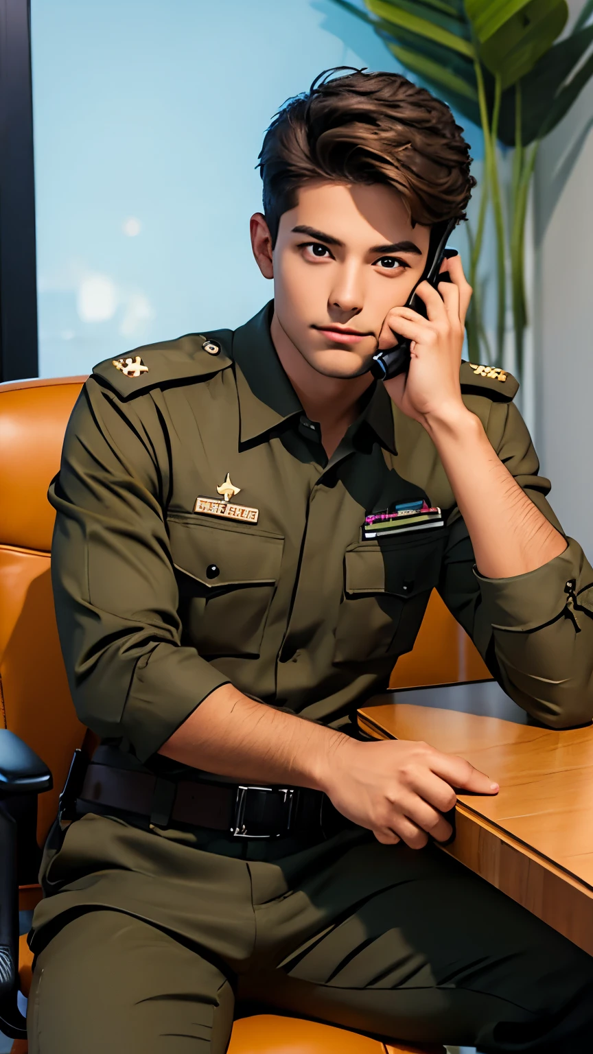 young man with brown hair, Slim build, Light brown eyes, pelo corto, bien peinado, with Mexican military tactical uniform, con una arma en las manos,  in an office sitting while talking on the phone and has the gun reloaded in the chair where he is sitting 