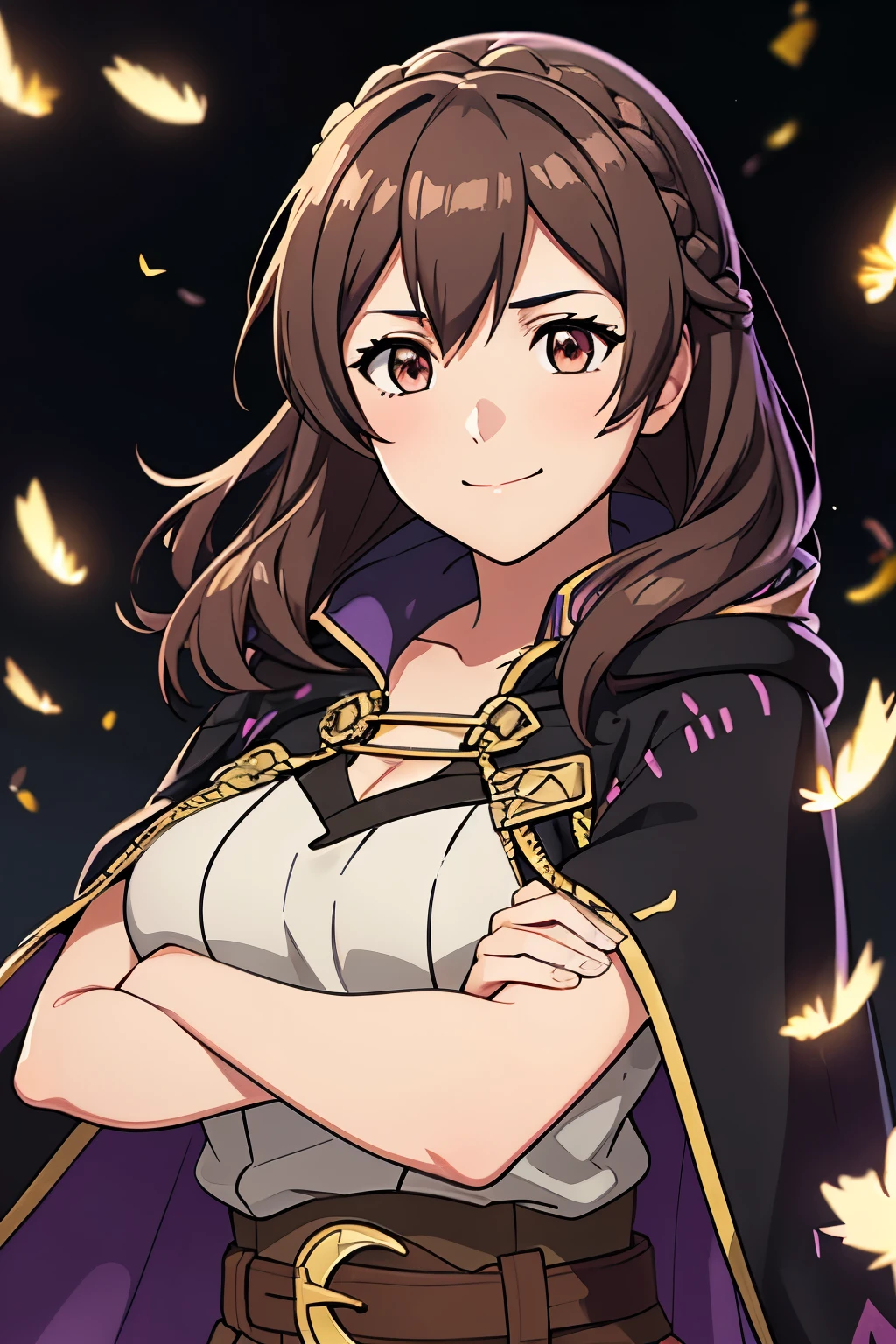 (high-quality, breathtaking),(expressive eyes, perfect face) 1girl, female, solo, portrait, Fire Emblem Awakening, Symmetrical Eyes, black background, Robin (Fire Emblem: Awakening), dark Brown hair color, short hair length, messy wavy hair, hair ornament, upper body, pink eyes, Black and purple robe, gold trim, hood, black shirt, brown belt, tomb, positive expression, cute smile, detailed eyes, adorable face, short height, Grima, Arms down, female robin (fire emblem), dark brown hair, fireflies background, soft lights, braided bang, feather in hair
