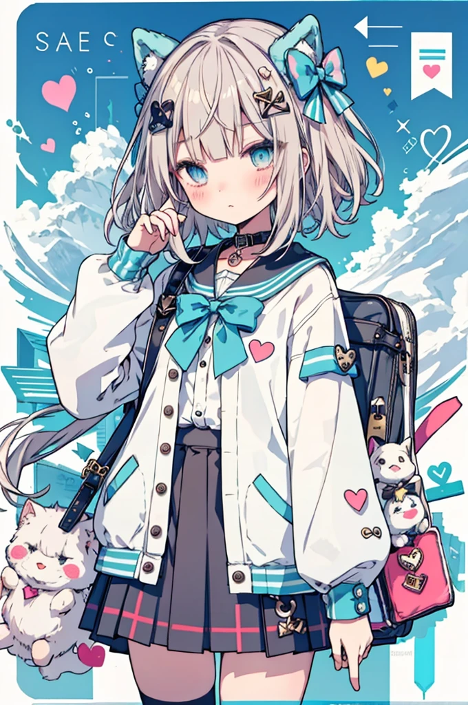 1 Girl,Nervous man,indie Virtual YouTuber,Sadex,score: General,:3,^_^,bandage,blue eyes,blue Sailor collar,blue skirt,blush,boundary,bow,bowtie,cable,Cardigan,Character Name,Close your eyes,cursor,Diffraction spike,electric plug,eyelash,floating,floating hair,gear,green bow,green bowtie,Hair accessories,Halftone,hand cursor,Heart,Heart Hair accessories,Heart print,Hourglass,Light brown hair,Long hair,Looking at the audience,look up,magnifier,microphone,Pixel Art,pixel Heart,plug,plus,Sailor collar,,Setofuku,skirt,Solitary,Star (Symbolism),Star print,Virtual YouTuber,white boundary,window (calculated),yellow Cardigan,up to date,absurd,high resolution,Normal quality,