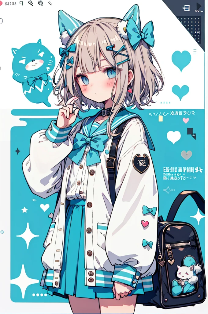 1 Girl,Nervous man,indie Virtual YouTuber,Sadex,score: General,:3,^_^,bandage,blue eyes,blue Sailor collar,blue skirt,blush,boundary,bow,bowtie,cable,Cardigan,Character Name,Close your eyes,cursor,Diffraction spike,electric plug,eyelash,floating,floating hair,gear,green bow,green bowtie,Hair accessories,Halftone,hand cursor,Heart,Heart Hair accessories,Heart print,Hourglass,Light brown hair,Long hair,Looking at the audience,look up,magnifier,microphone,Pixel Art,pixel Heart,plug,plus,Sailor collar,,Setofuku,skirt,Solitary,Star (Symbolism),Star print,Virtual YouTuber,white boundary,window (calculated),yellow Cardigan,up to date,absurd,high resolution,Normal quality,