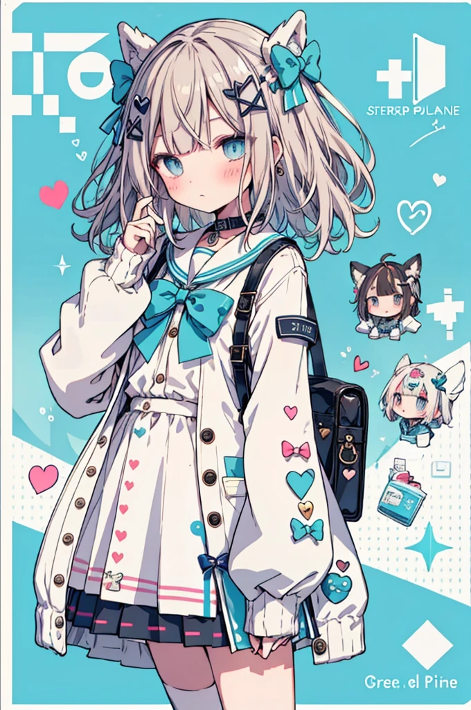 1 Girl,Nervous man,indie Virtual YouTuber,Sadex,score: General,:3,^_^,bandage,blue eyes,blue Sailor collar,blue skirt,blush,boundary,bow,bowtie,cable,Cardigan,Character Name,Close your eyes,cursor,Diffraction spike,electric plug,eyelash,floating,floating hair,gear,green bow,green bowtie,Hair accessories,Halftone,hand cursor,Heart,Heart Hair accessories,Heart print,Hourglass,Light brown hair,Long hair,Looking at the audience,look up,magnifier,microphone,Pixel Art,pixel Heart,plug,plus,Sailor collar,,Setofuku,skirt,Solitary,Star (Symbolism),Star print,Virtual YouTuber,white boundary,window (calculated),yellow Cardigan,up to date,absurd,high resolution,Normal quality,