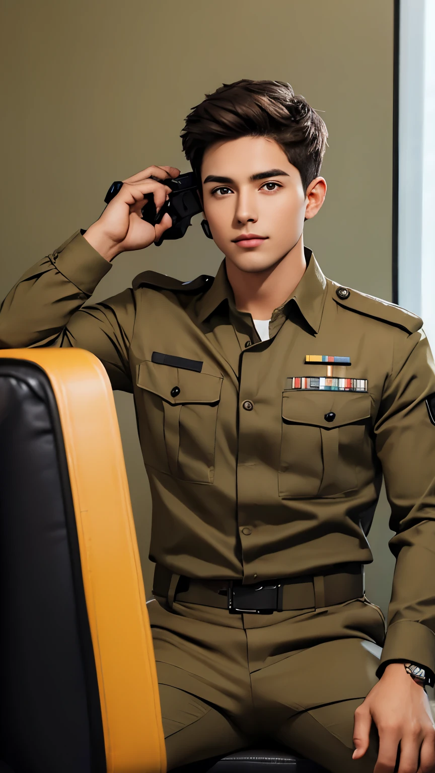 young man with brown hair, Slim build, Light brown eyes, pelo corto, bien peinado, with Mexican military tactical uniform, con una arma en las manos,  in an office sitting while talking on the phone and has the gun reloaded in the chair where he is sitting 