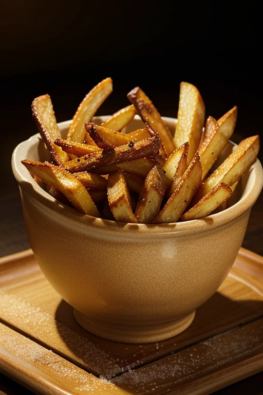 fries in a beautifully crafted ceramic bowl,dripping with golden-brown,crispy fries,seasoned with salt and spices,perfectly cooked,piping hot,served with a side of tangy ketchup,deliciously satisfying,crunchy texture,gourmet fast food,studio lighting,colored with warm tones to enhance the appetizing appearance