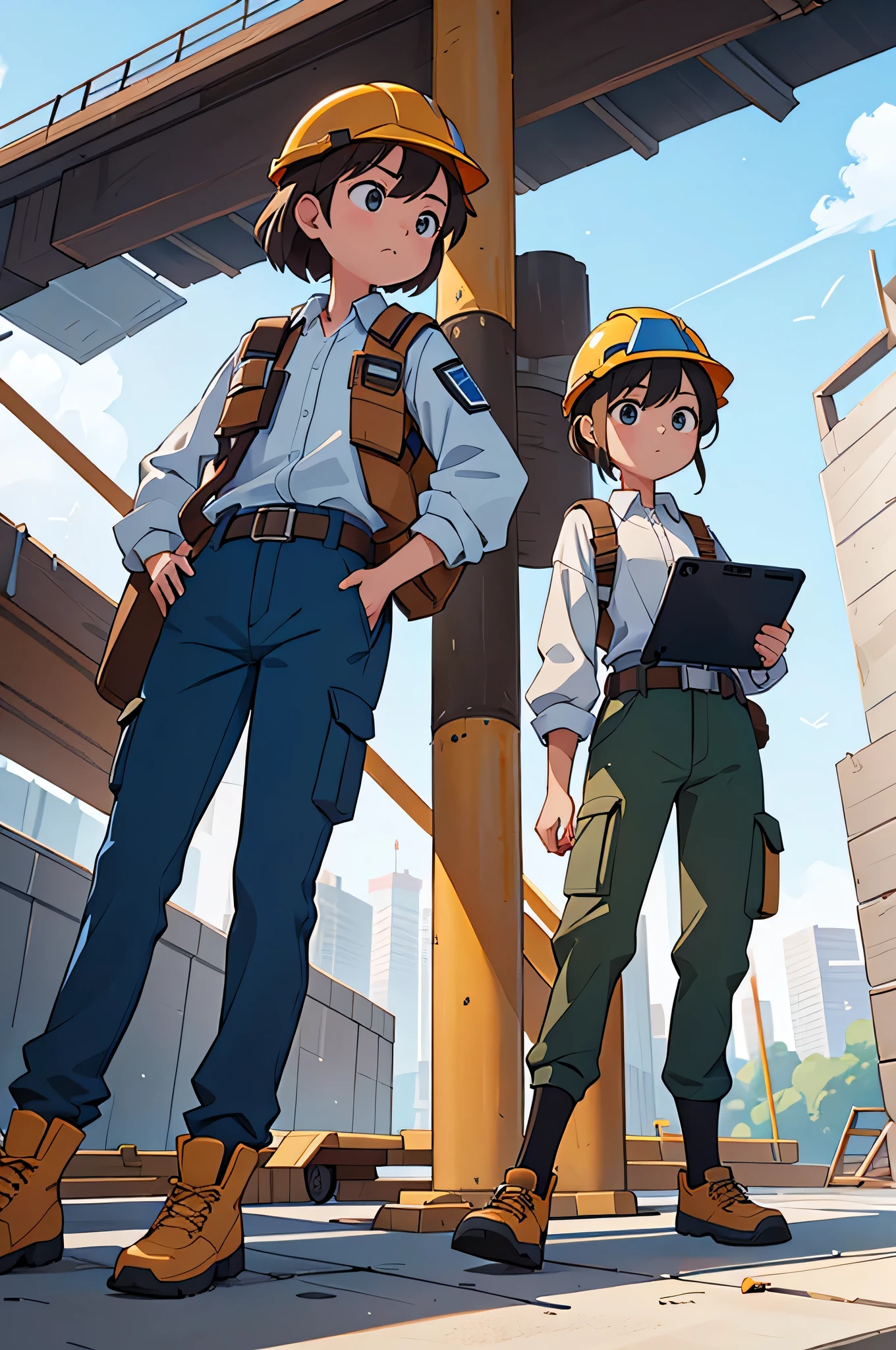 (highest quality, High resolution), Two girls working on a construction site, Long sleeve shirt, cargo pants, Safety helmet, Work Belt, Height Safety Harness, Checking the progress of construction work on a tablet. ,a girl in a suit wearing a Safety helmet. , They are meetings., Under the blue sky.