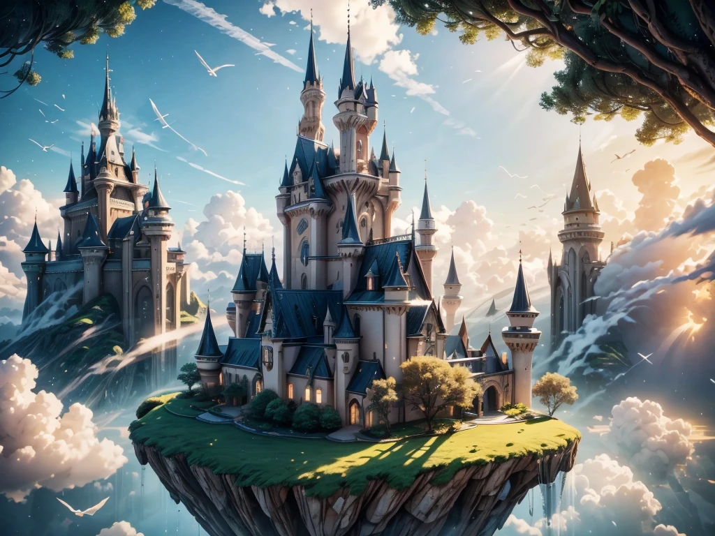 aerial view,majestic castle,floating in the sky,fantasy dreams,ethereal clouds,enchanting colors,soft sunlight,unreal landscape,fairytale scene,serene atmosphere,impressive architecture,flying birds,magical glow,picture-perfect scenery,misty horizon,towering turrets,airy feeling,surreal beauty,tranquil surroundings,dream-like ambiance,lush gardens,whispering winds,awe-inspiring view,ethereal atmosphere,incredible detail,captivating charm,peaceful solitude,stunning composition,mysterious aura,breathtaking panorama,enigmatic shadows,mystical realm,magical realm,imagination unleashed,limitless possibilities,entrancing wonder,otherworldly experience,spellbinding enchantment,magical journey.