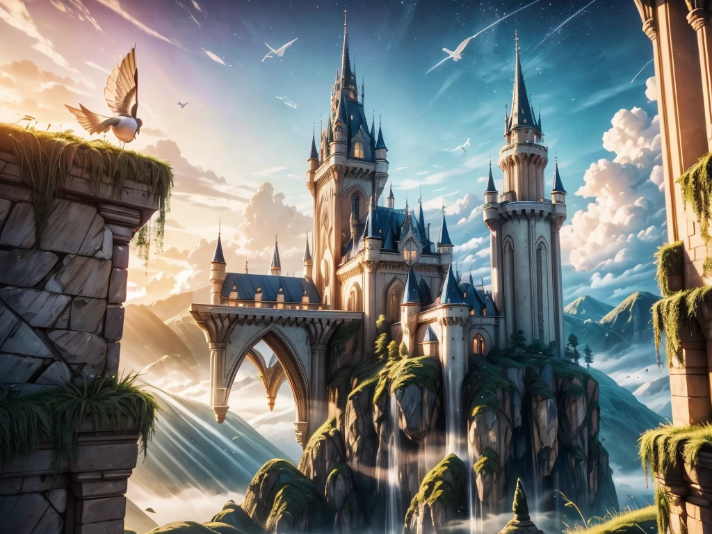aerial view,majestic castle,floating in the sky,fantasy dreams,ethereal clouds,enchanting colors,soft sunlight,unreal landscape,fairytale scene,serene atmosphere,impressive architecture,flying birds,magical glow,picture-perfect scenery,misty horizon,towering turrets,airy feeling,surreal beauty,tranquil surroundings,dream-like ambiance,lush gardens,whispering winds,awe-inspiring view,ethereal atmosphere,incredible detail,captivating charm,peaceful solitude,stunning composition,mysterious aura,breathtaking panorama,enigmatic shadows,mystical realm,magical realm,imagination unleashed,limitless possibilities,entrancing wonder,otherworldly experience,spellbinding enchantment,magical journey.