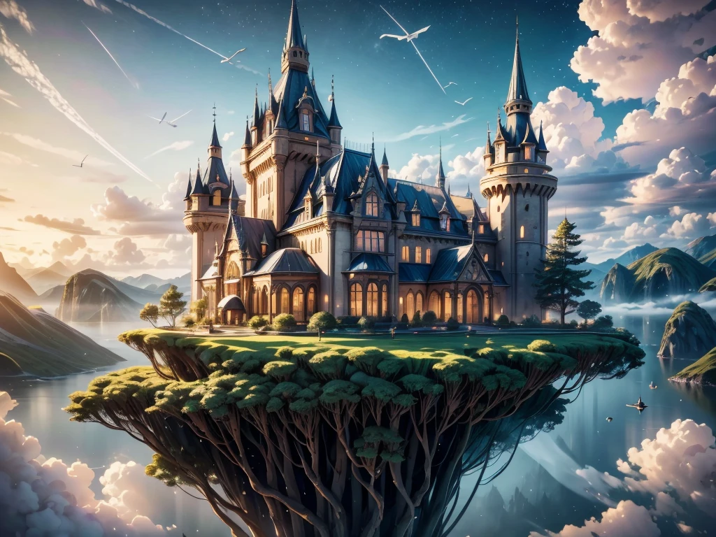 aerial view,majestic castle,floating in the sky,fantasy dreams,ethereal clouds,enchanting colors,soft sunlight,unreal landscape,fairytale scene,serene atmosphere,impressive architecture,flying birds,magical glow,picture-perfect scenery,misty horizon,towering turrets,airy feeling,surreal beauty,tranquil surroundings,dream-like ambiance,lush gardens,whispering winds,awe-inspiring view,ethereal atmosphere,incredible detail,captivating charm,peaceful solitude,stunning composition,mysterious aura,breathtaking panorama,enigmatic shadows,mystical realm,magical realm,imagination unleashed,limitless possibilities,entrancing wonder,otherworldly experience,spellbinding enchantment,magical journey.