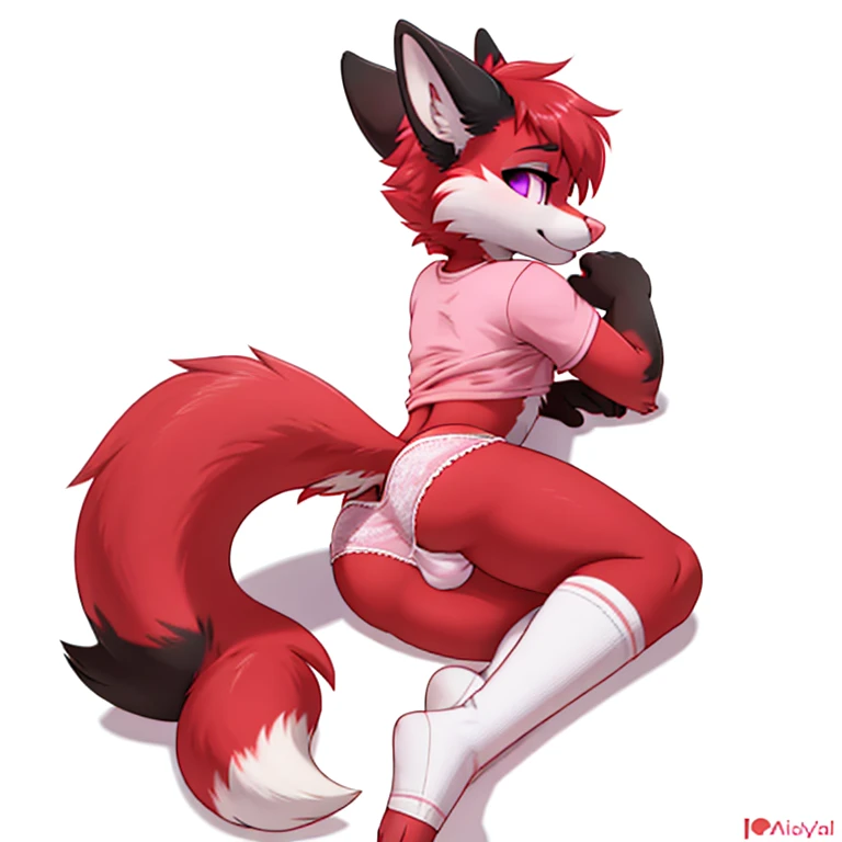 Anthropomorphic male crimson fox with pink nose, black ears, horns and purple eyes, two tails, fullbody view, solo, lying on floor, white background, digital art, femenine look, seen from back, wearing a pink t-shirt and long pink socks with white stripes and tiny pink panties, ass rised, chest on floor, sfw version, half eyes closed, bulge, one hand inside panties, coming from panties