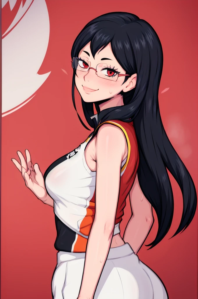 masterpiece, best quality, shimizu kiyoko looking at viewer, black hair, red eyes color, large breasts, upper body, portrait, looking at viewer, seductive smile,both hands raised, armpits, armpits visible, sweaty armpits, wearing volleyball uniform, wearing glasses