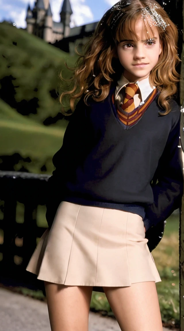 best quality,ultra-detailed,(photorealistic:1.37),Hermione Granger, in Hogwarts uniform,skirt,sweater,Hogwarts background, upskirt focus view, skirt lift, panties, wet legs, under view, ass, pussy, spread legs , standing, bending over, back view