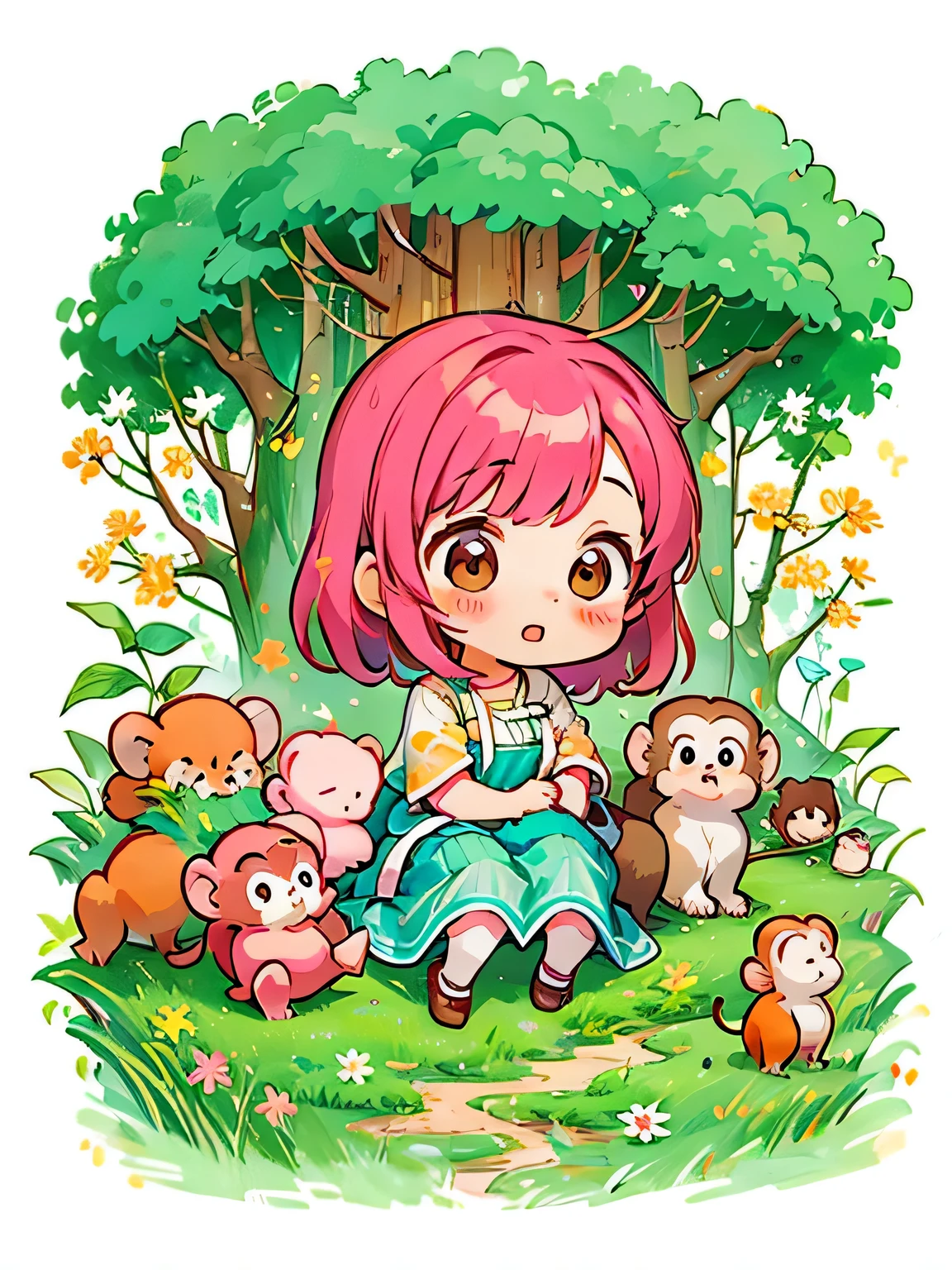 Momoko Sakura style, Kawaii Design, The most beautiful girl of all time、Chibi、Cute monkey, monkey forest