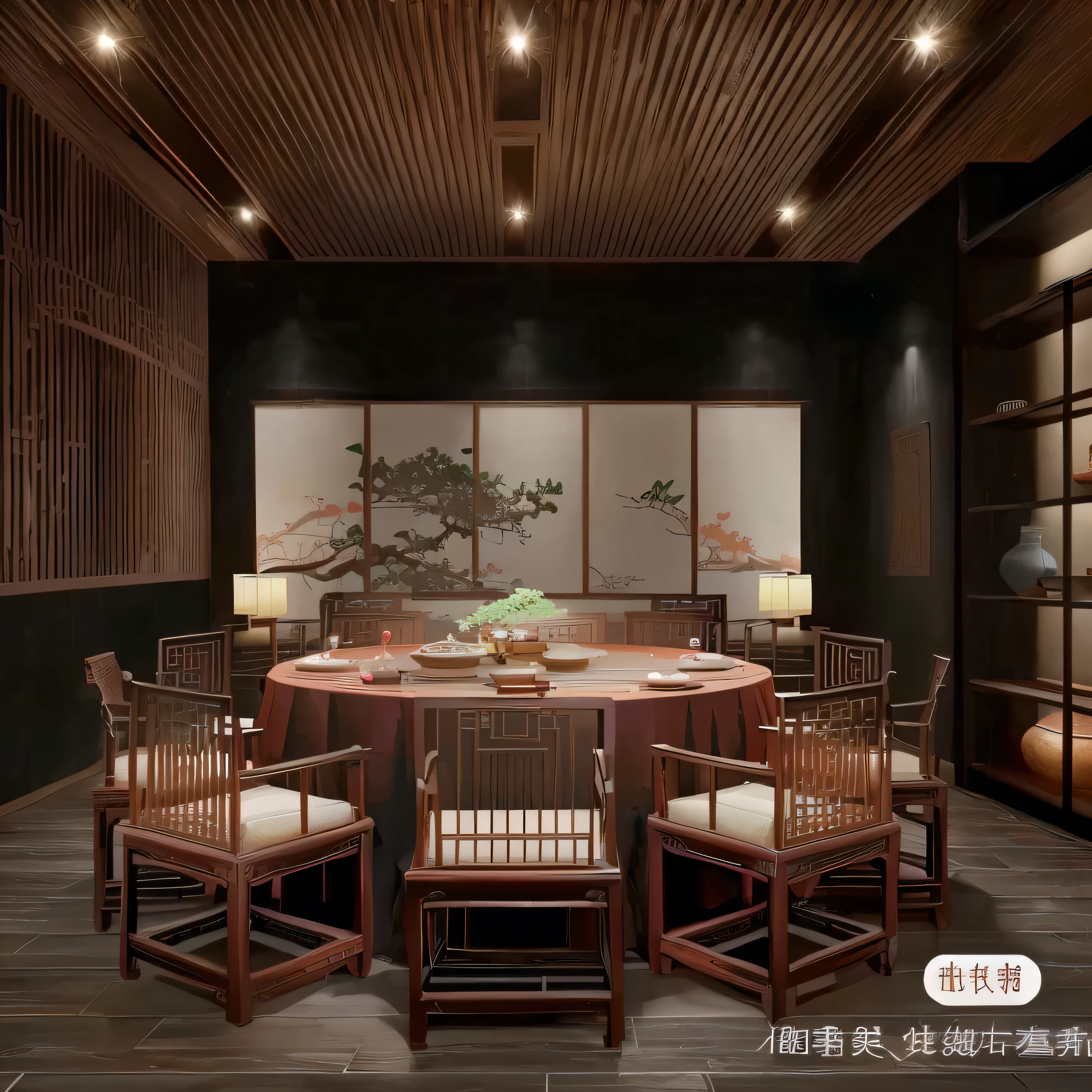 Chinese style room,Grille top,Antique brick,screen painting wall decoration,Chinese round table and chairs,Dados and wooden boards on both sides of the wall
