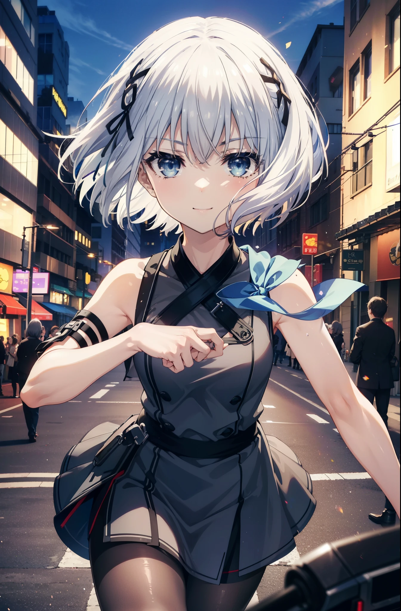 origamitobiichi, Origami Tobiichi Casual, short hair, blue eyes, hair ornaments, Gray Hair, Sleeveless dress,Long skirt,Black pantyhose,Heeled Sandals,happy smile, smile, Open your mouth,True Summer,Daytime,
break ,
break outdoors, In town,Building district, crowd, people々,
break looking at viewer, 
break (masterpiece:1.2), highest quality, High resolution, unity 8k wallpaper, (figure:0.8), (Beautiful fine details:1.6), Highly detailed face, Perfect lighting, Highly detailed CG, (Perfect hands, Perfect Anatomy),