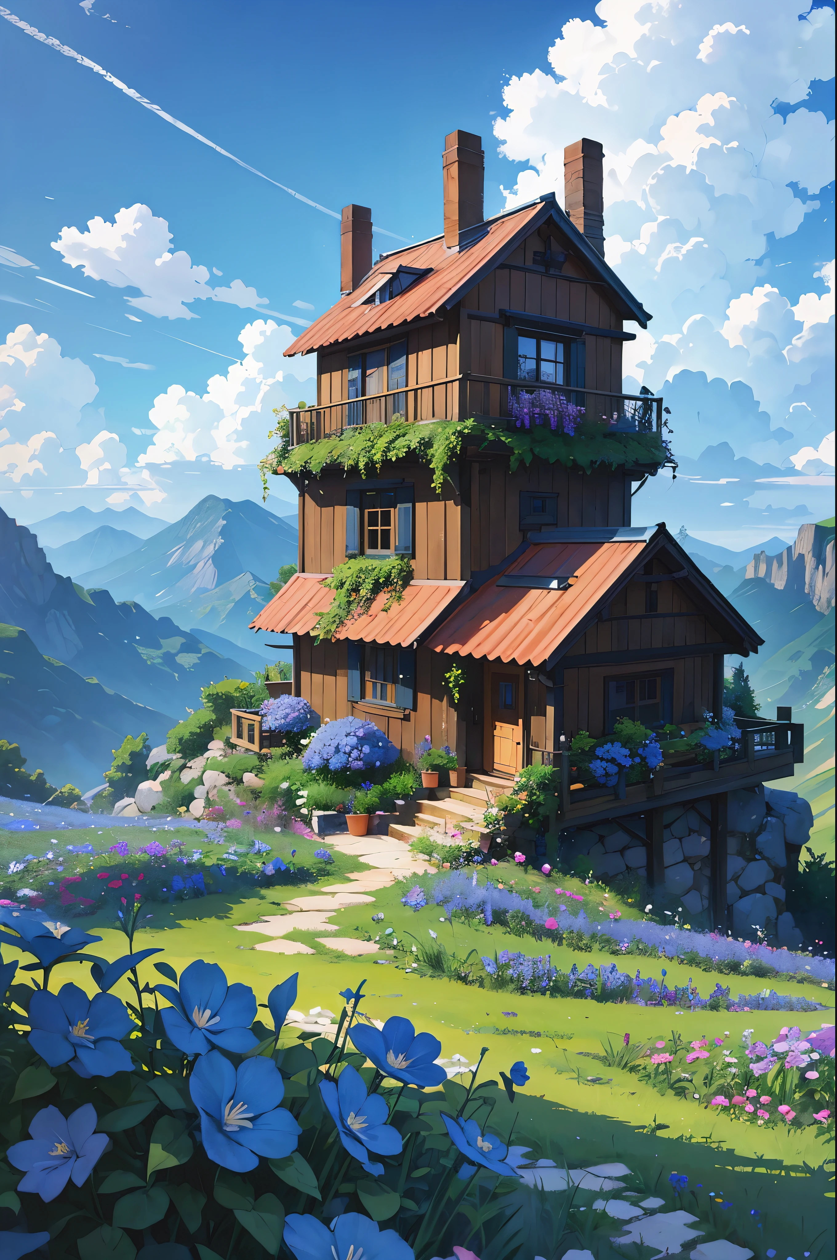 There's a small house on the mountain, with the garden of blue flowers, play dog in garden, cloudy background anime style, 8k, details, clear.