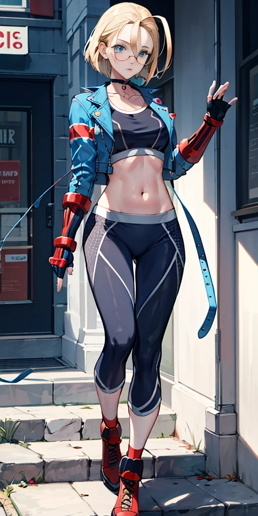 masterpiece, best quality, highres, 1girl, cammy white, short hair, antenna hair, blue eyes, scar on cheek, large breasts, black choker, collarbone, blue jacket, cropped jacket, open jacket, sports bra, midriff, fingerless gloves, black gloves, black pants, standing, cowboy shot, stair, outdoors, masterpiece, best quality, (((glasses))), ((rim-less eyewear)), tall, beautiful, medium breast, milf, (eyewear:0.9), armored dress:1.5