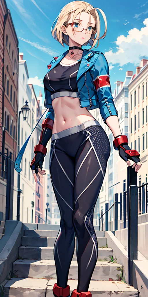 masterpiece, best quality, highres, 1girl, cammy white, short hair, antenna hair, blue eyes, scar on cheek, large breasts, black choker, collarbone, blue jacket, cropped jacket, open jacket, sports bra, midriff, fingerless gloves, black gloves, black pants, standing, cowboy shot, stair, outdoors, masterpiece, best quality, (((glasses))), ((rim-less eyewear)), tall, beautiful, medium breast, milf, (eyewear:0.9), armored dress:1.5