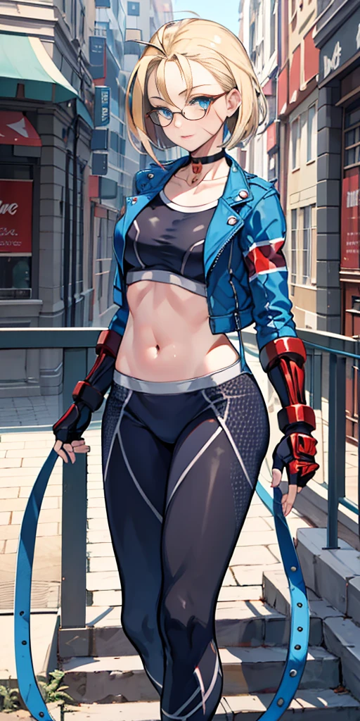 masterpiece, best quality, highres, 1girl, cammy white, short hair, antenna hair, blue eyes, scar on cheek, large breasts, black choker, collarbone, blue jacket, cropped jacket, open jacket, sports bra, midriff, fingerless gloves, black gloves, black pants, standing, cowboy shot, stair, outdoors, masterpiece, best quality, (((glasses))), ((rim-less eyewear)), tall, beautiful, medium breast, milf, (eyewear:0.9), armored dress:1.5