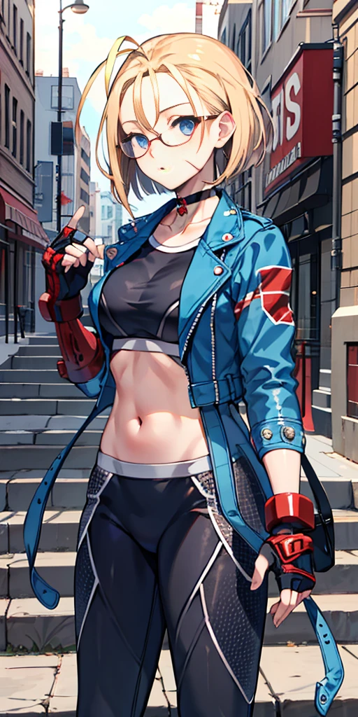 masterpiece, best quality, highres, 1girl, cammy white, short hair, antenna hair, blue eyes, scar on cheek, large breasts, black choker, collarbone, blue jacket, cropped jacket, open jacket, sports bra, midriff, fingerless gloves, black gloves, black pants, standing, cowboy shot, stair, outdoors, masterpiece, best quality, (((glasses))), ((rim-less eyewear)), tall, beautiful, medium breast, milf, (eyewear:0.9), armored dress:1.5