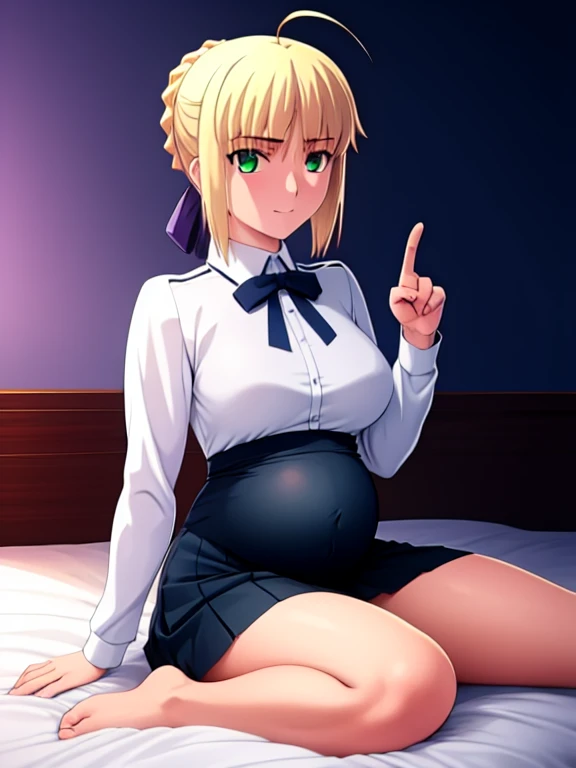 best quality, masterpiece, highres, realistic, detail, ray_tracing_graphic, solo, adult_female, {saber_fatestaynightufotable:1.15}, 1girl, blonde_hair, little_ahoge, green_eyes, blue_ribbon, anime_coloring, detail_full_body, detail_eyes, detail_skin, detail_background, detail_hair, one_eye_closed, happy, five_fingers, detail_finger, blush, large_breasts, white_shirt, blue_skirt,, from_the_side, sit, bed, dark_room, night_time, looking_at_viewer, oily_skin, oily_face, pregnant