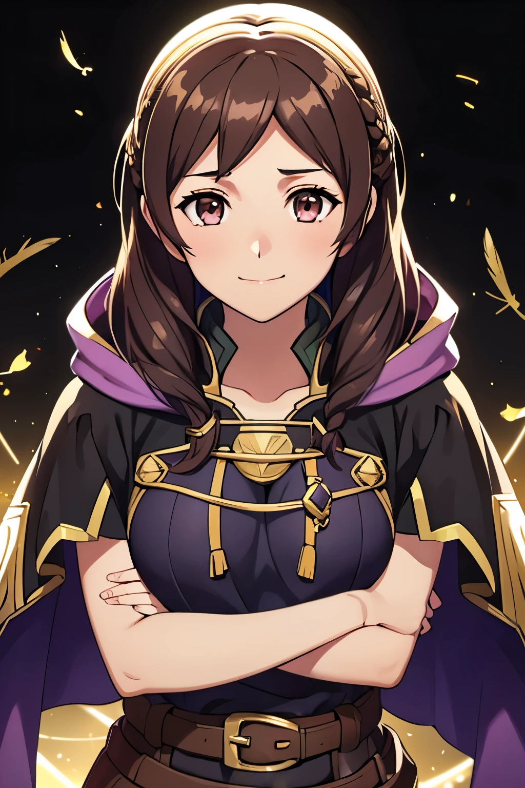 (high-quality, breathtaking),(expressive eyes, perfect face) 1girl, female, solo, portrait, Fire Emblem Awakening, Symmetrical Eyes, black background, Robin (Fire Emblem: Awakening), dark Brown hair color, short hair length, messy wavy hair, hair ornament, upper body, pink eyes, Black and purple robe, gold trim, hood, black shirt, brown belt, tomb, positive expression, cute smile, detailed eyes, adorable face, short height, Grima, Arms down, female robin (fire emblem), dark brown hair, fireflies background, soft lights, braided bang, feather in hair
