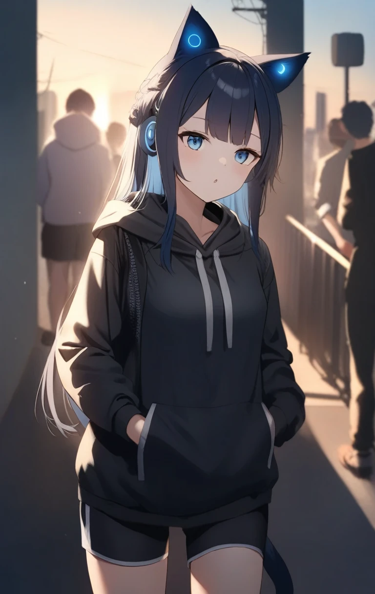 masterpiece,(best quality),Very detailed,Super detailed, Light, golden hour Lighting, Strong shadows, on the street, blue eyes:Eye roll:0.5, Blue Hair:Black Hair:0.8, Long hair, 1 Girl, Cat ears, Animal ears, Black jacket, black hood, black hoodie, Black tights, black shorts, permanent, Looking at the audience, cat ear earphone, Hood down, Long sleeve, earphone, shorts