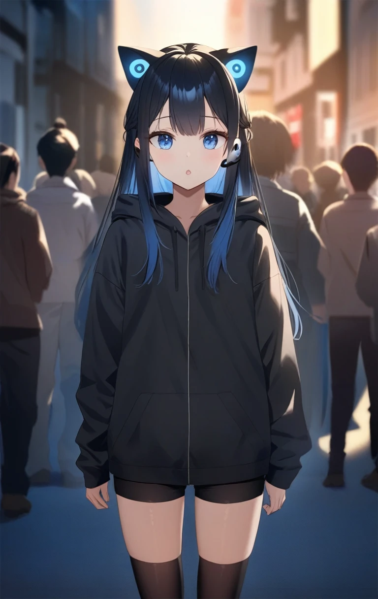 masterpiece,(best quality),Very detailed,Super detailed, Light, golden hour Lighting, Strong shadows, on the street, blue eyes:Eye roll:0.5, Blue Hair:Black Hair:0.8, Long hair, 1 Girl, Cat ears, Animal ears, Black jacket, black hood, black hoodie, Black tights, black shorts, permanent, Looking at the audience, cat ear earphone, Hood down, Long sleeve, earphone, shorts