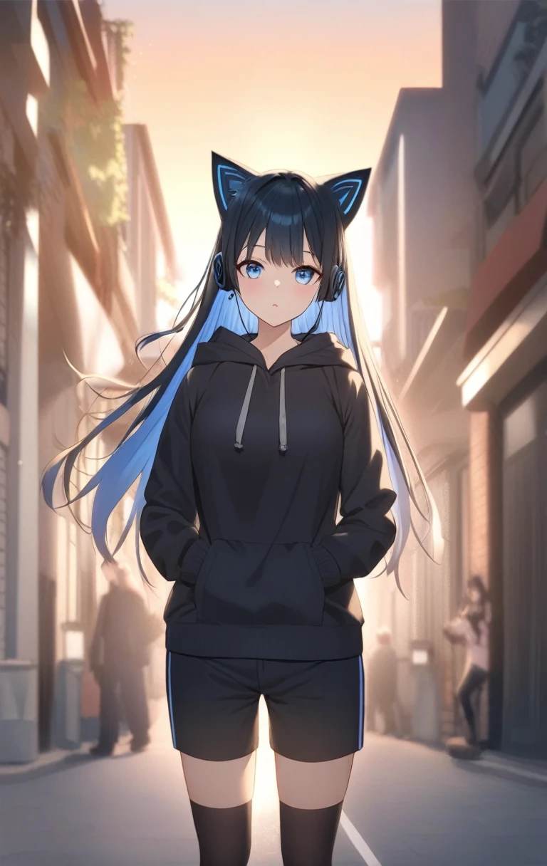 masterpiece,(best quality),Very detailed,Super detailed, Light, golden hour Lighting, Strong shadows, on the street, blue eyes:Eye roll:0.5, Blue Hair:Black Hair:0.8, Long hair, 1 Girl, Cat ears, Animal ears, Black jacket, black hood, black hoodie, Black tights, black shorts, permanent, Looking at the audience, cat ear earphone, Hood down, Long sleeve, earphone, shorts