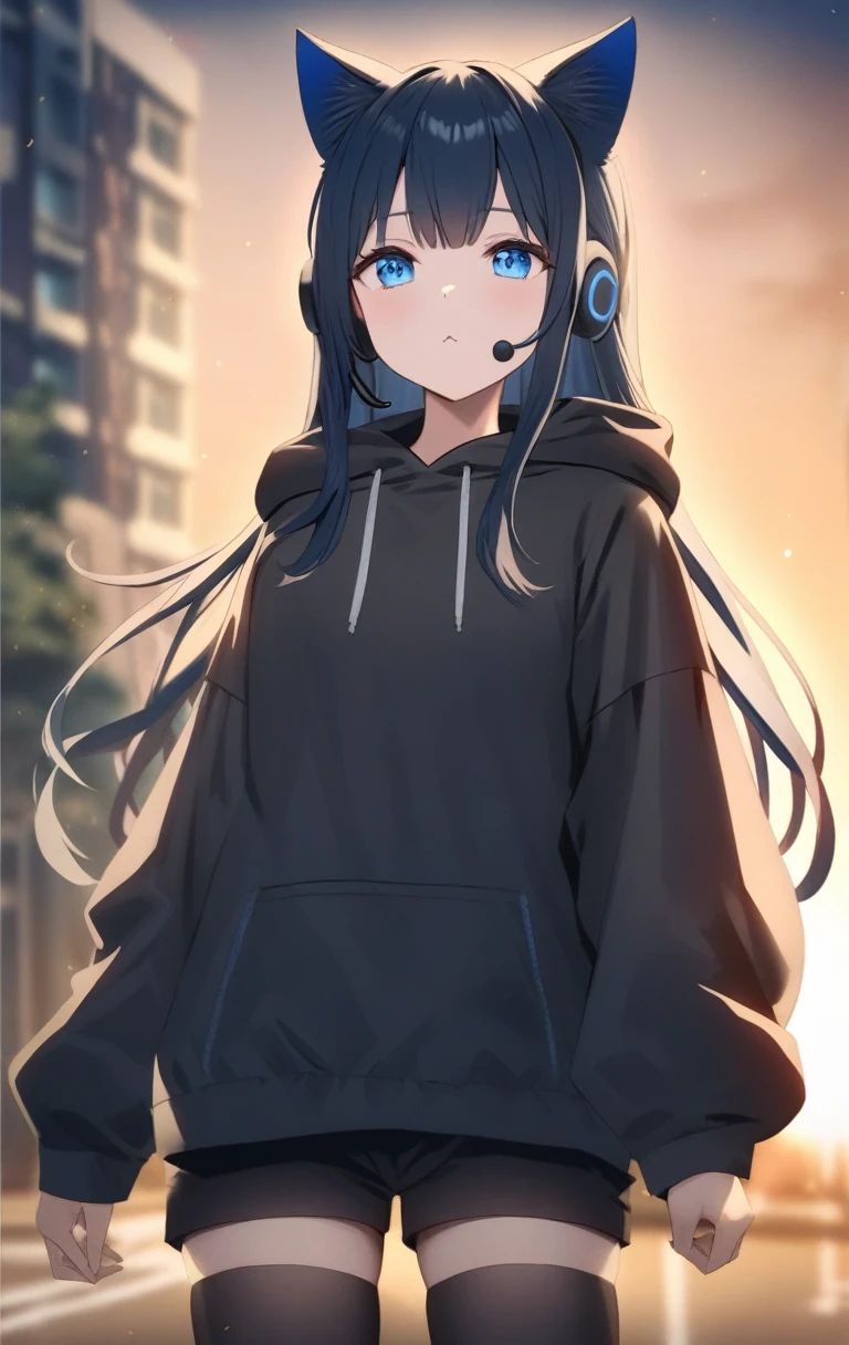 masterpiece,(best quality),Very detailed,Super detailed, Light, golden hour Lighting, Strong shadows, on the street, blue eyes:Eye roll:0.5, Blue Hair:Black Hair:0.8, Long hair, 1 Girl, Cat ears, Animal ears, Black jacket, black hood, black hoodie, Black tights, black shorts, permanent, Looking at the audience, cat ear earphone, Hood down, Long sleeve, earphone, shorts