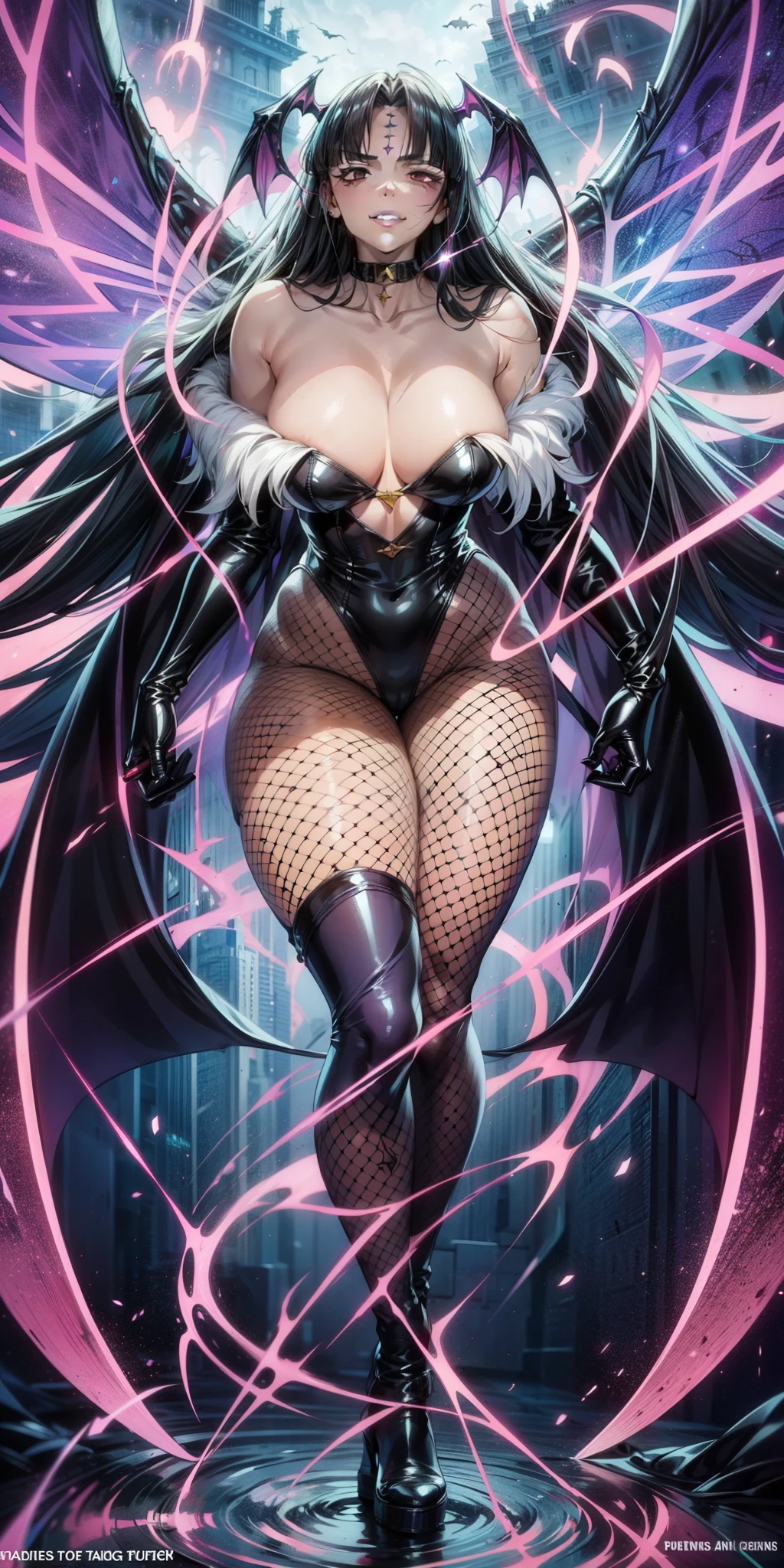 long hair, (black hair:1.3), forehead, forehead mark, anatomically correct, heavy breathing, huge breasts, breast press, morrigan_aensland, head_wings, print_legwear, pantyhose, animal_print, bat_print, breasts, 1girl, wings, succubus, long_hair, demon_girl, bare_shoulders, low_wings, leotard, solo, cleavage, bat_wings, purple_legwear, bridal_gauntlets, purple_wings,  large_breasts, boots, sfw version, forehead, forehead mark, (shaded face:1.2), hollow eyes, grey eyes, looking at viewer, heavy breathing, smirk, upper teeth, lips, pinkbra,michiko_tanaka_mahoushoujoniakogarete,michiko tanaka